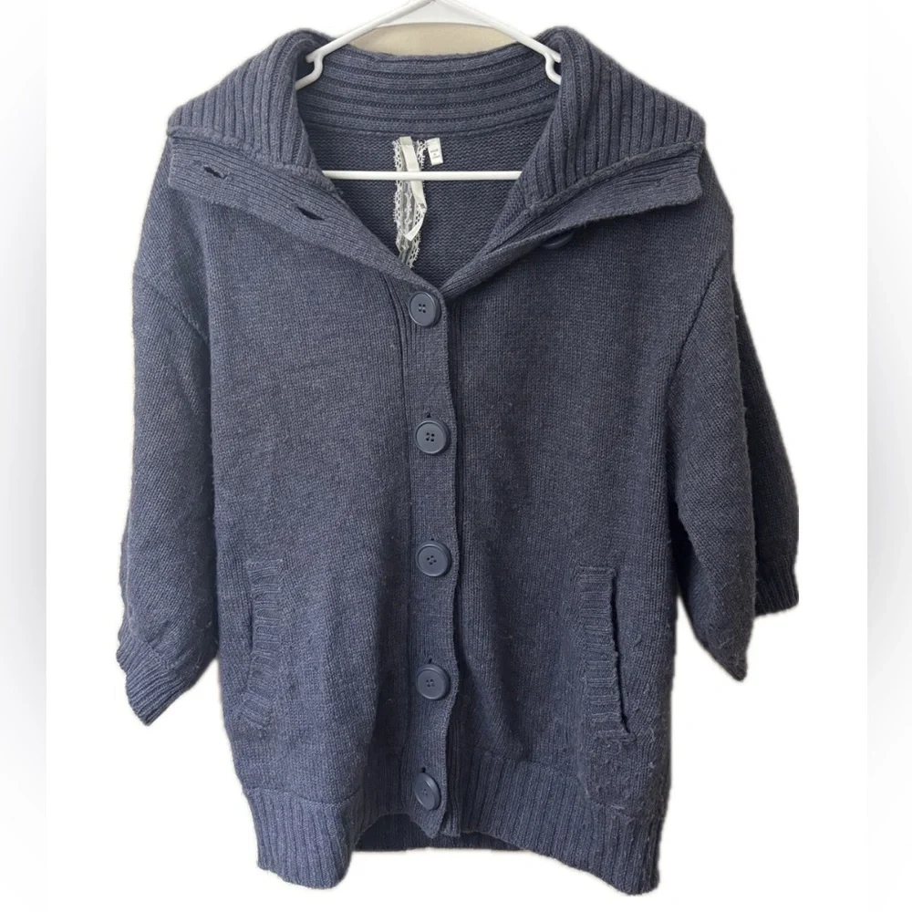 M Rena Blue Knit Button Cardigan Shawl Collar Short Sleeve Sweater Boho Cozy - Picture 1 of 5